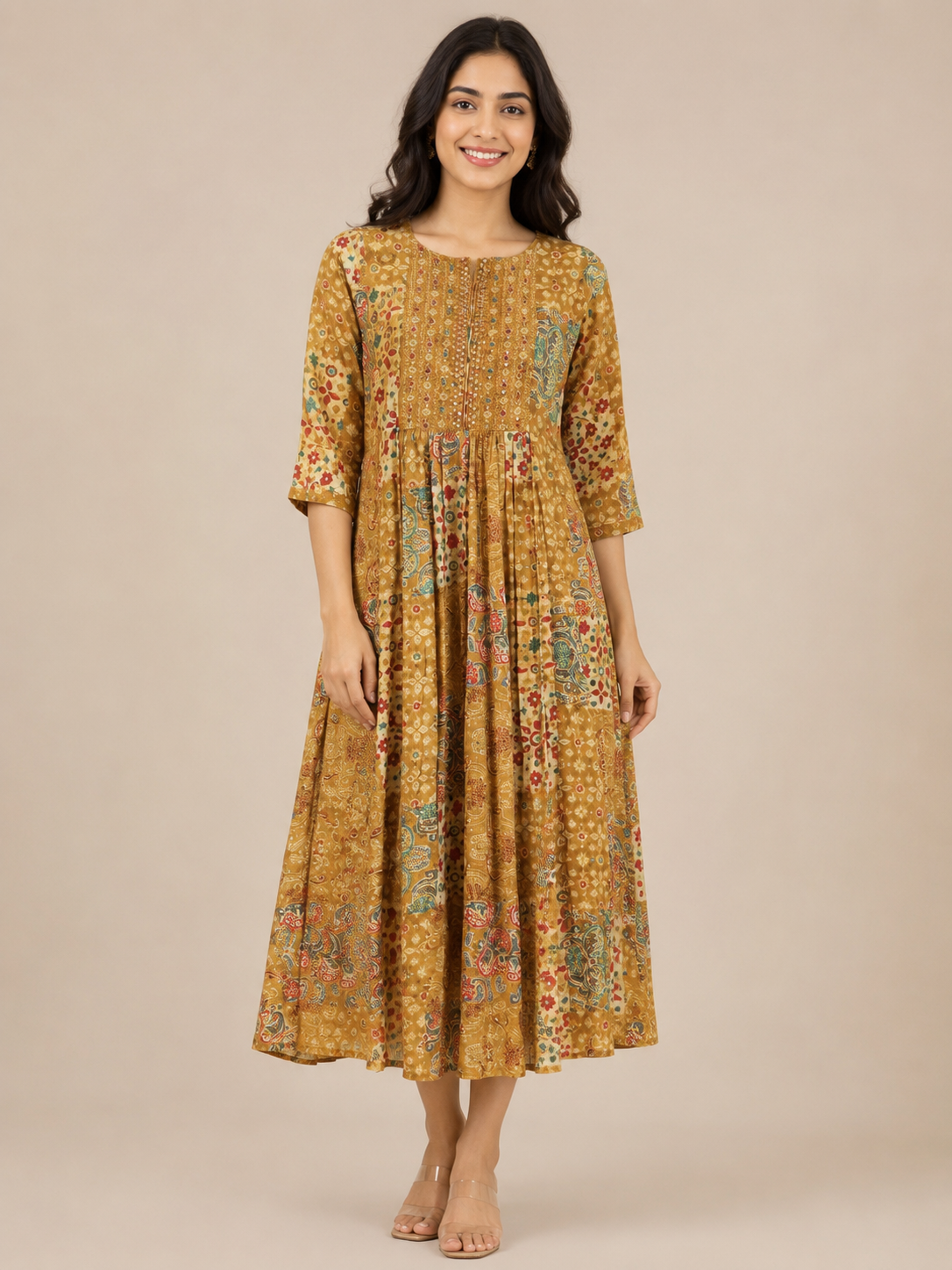 Mustard Imported Lycra Paisley Print A-Line Midi Dress
